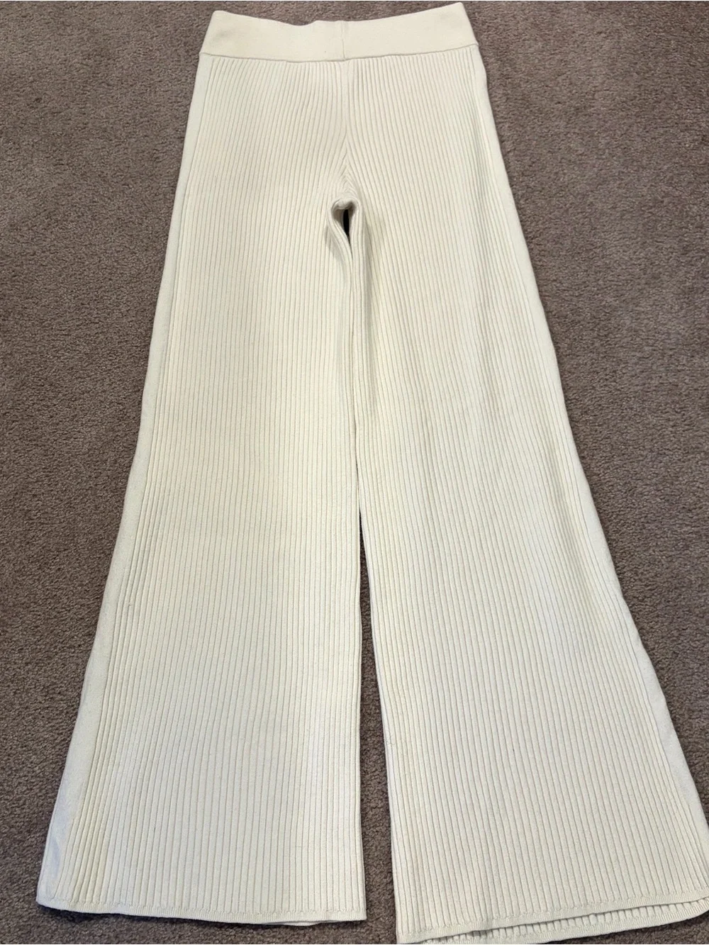 Aerie SzSm Cream Ribbed Wide-Leg Knit Pants